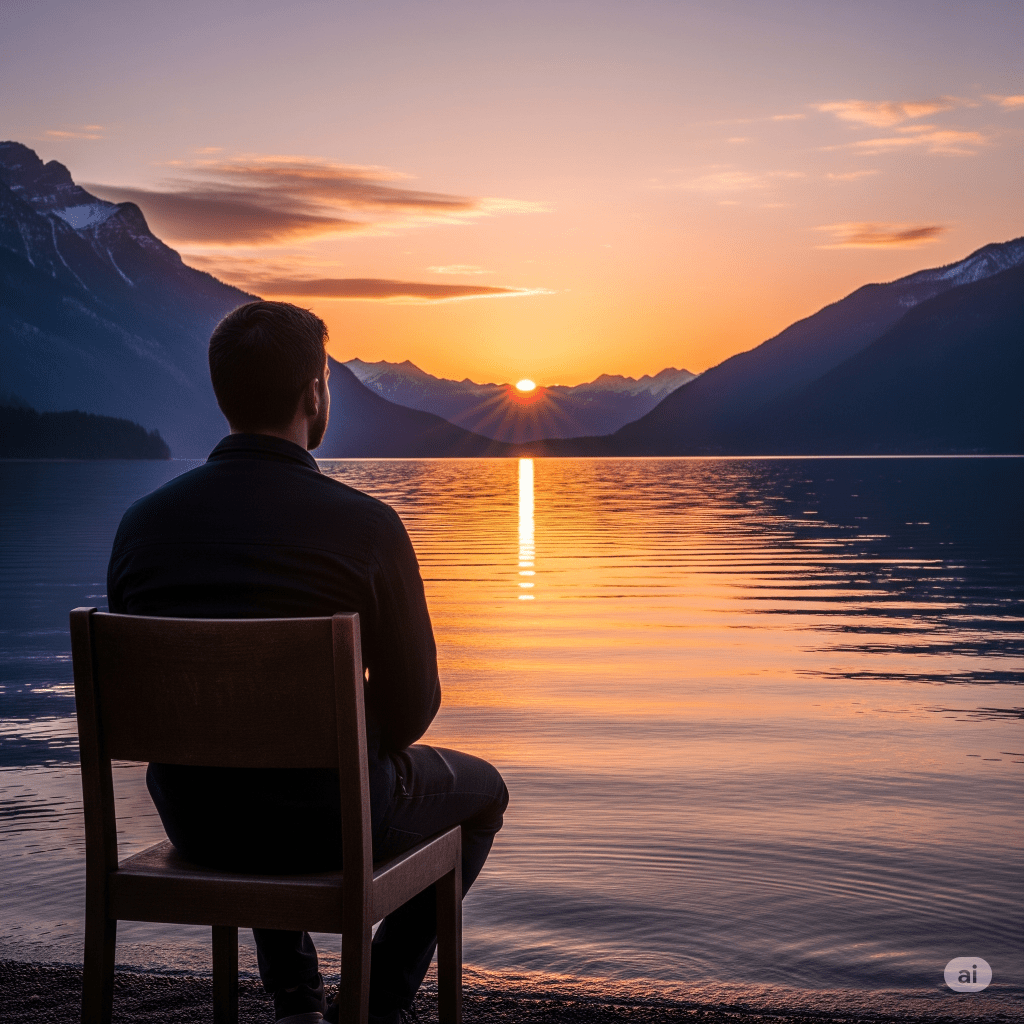 Alba serena sul lago con persona che osserva l’orizzonte in un momento di riflessione