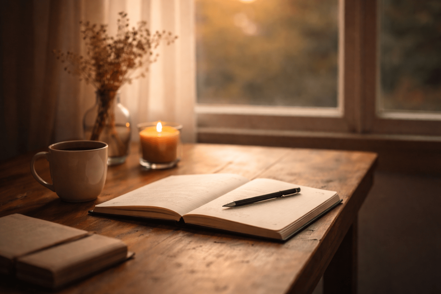 Quaderno aperto su scrivania illuminata dalla luce calda simbolo di riflessione interiore e scrittura