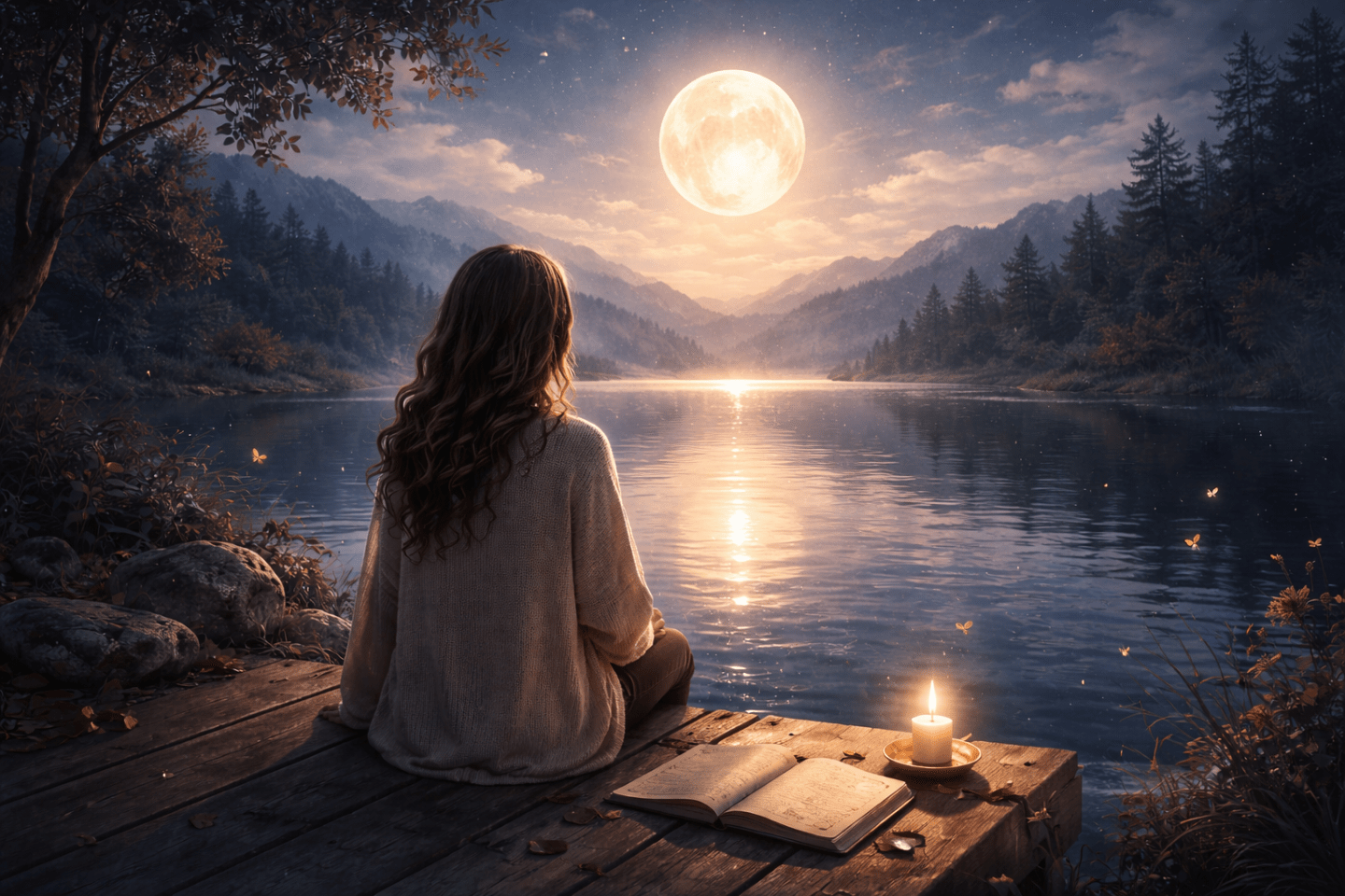 Persona seduta davanti a un lago al chiaro di luna simbolo di riflessione interiore e ascolto di sé